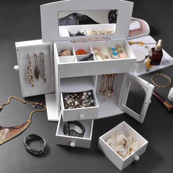 Jewelry Box Mirror Ring Earring Necklace Organizer Black/ White