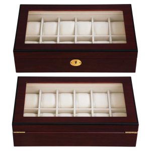 Lockable Watch Display Case 12-Slot Glass Top Wooden