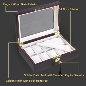 Lockable Watch Display Case 12-Slot Glass Top Wooden