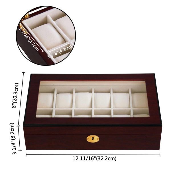 Lockable Watch Display Case 12-Slot Glass Top Wooden