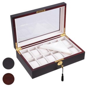 Lockable Watch Display Case 12-Slot Glass Top Wooden