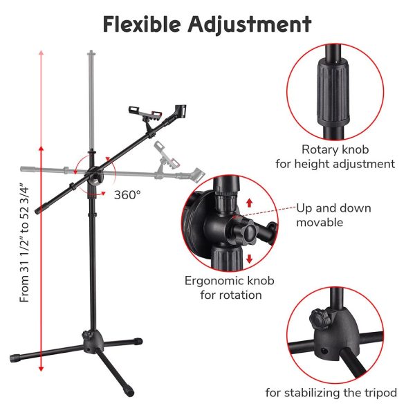 Mic Stand Boom Arm Mic Clip & Phone Holder Height 2'8 To 5'11