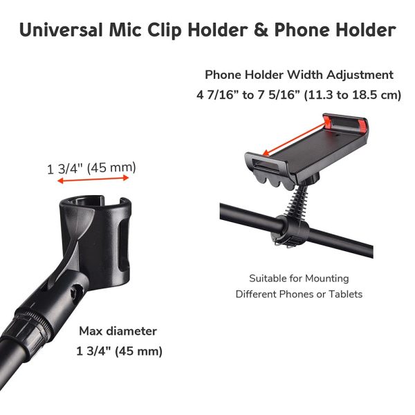 Mic Stand Boom Arm Mic Clip & Phone Holder Height 2'8 To 5'11