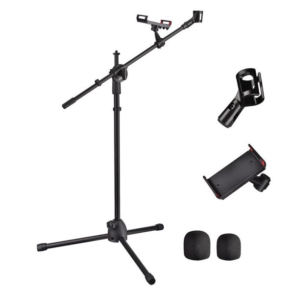 Mic Stand Boom Arm Mic Clip & Phone Holder Height 2'8 To 5'11