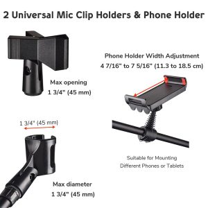 Mic Stand Boom Arm Dual Mic Mounts & Phone Holder 2'8 To 5'11H