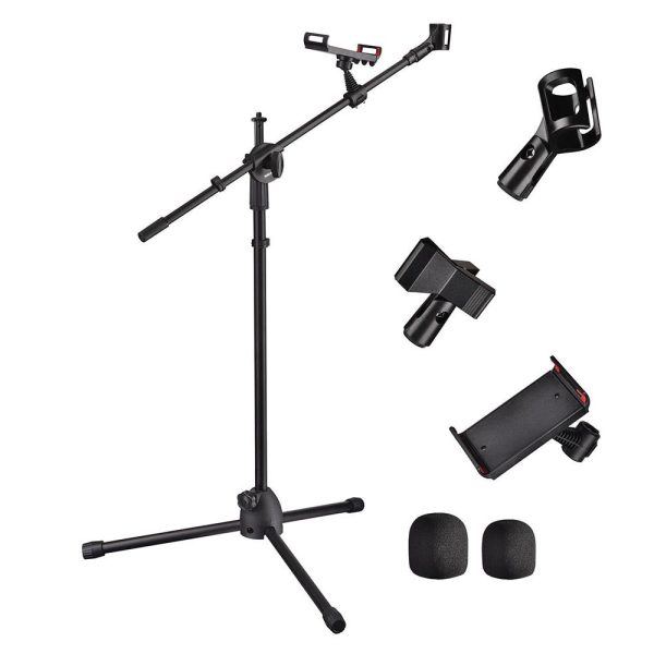 Mic Stand Boom Arm Dual Mic Mounts & Phone Holder 2'8 To 5'11H