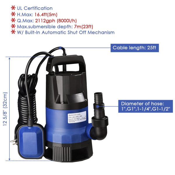 Submersible Dirty Water Pump W/ Float, 1/2Hp