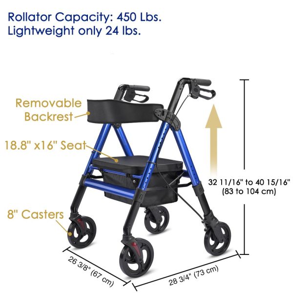 Rollator Aluminum Walker With Seat Back Support 450Lbs 8 Casters