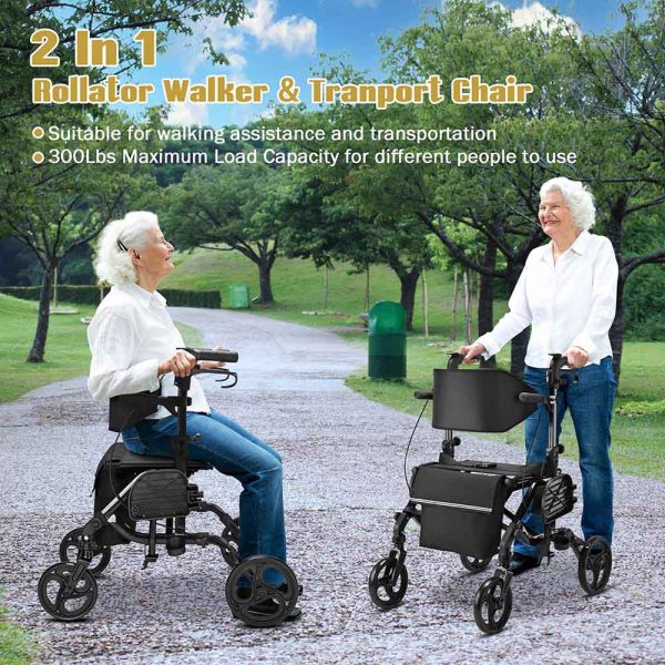 One-Hand Fold Rollator Walker With Footrest Seat Back&Armrest