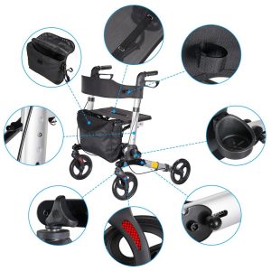 Upright Walker With Seat Stand Up Rollator Bi-Folding Brakes