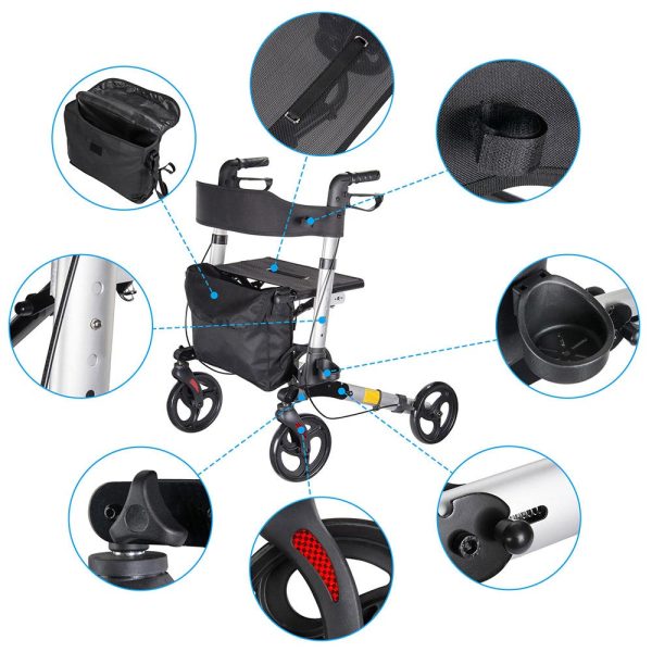 Upright Walker With Seat Stand Up Rollator Bi-Folding Brakes