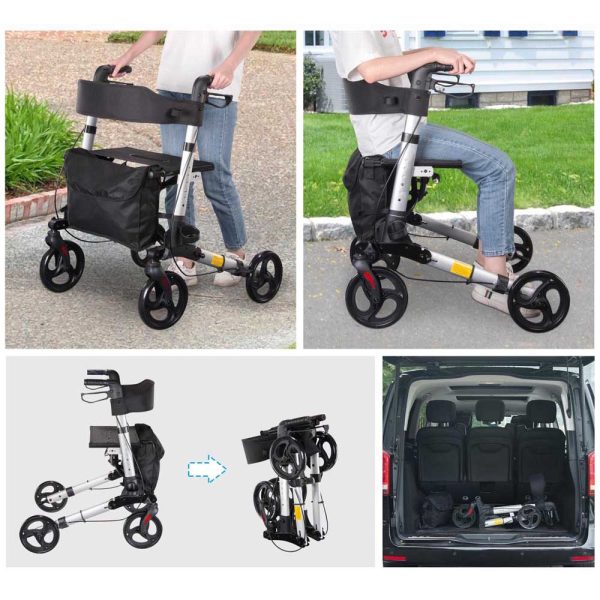 Upright Walker With Seat Stand Up Rollator Bi-Folding Brakes