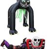 Two Halloween Party Decorations Bundle, Includes 13 Foot Tall Jumbo Huge Inflatable Black Cat Archway, And 12 Foot Long Inflatable Horse Carriage With Skeleton Ghost Skull Blowup With Lights