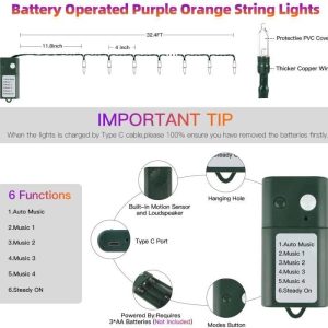 Tcamp Battery Operated Halloween Lights Motion Activated Sync With Music, 33Ft 100 Led Orange Purple Halloween String Lights With Spooky Music For Outdoor Indoor Halloween Decor (6 Lighting Modes)