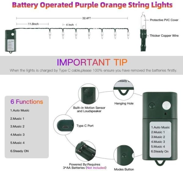 Tcamp Battery Operated Halloween Lights Motion Activated Sync With Music, 33Ft 100 Led Orange Purple Halloween String Lights With Spooky Music For Outdoor Indoor Halloween Decor (6 Lighting Modes)