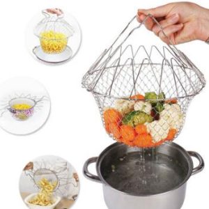 Deep Fry Basket Stainless Steel Multi-Function Foldable Chef Cooking Basket Flexible Kitchen Tool For Fried Food Washing Fruits Vegetables