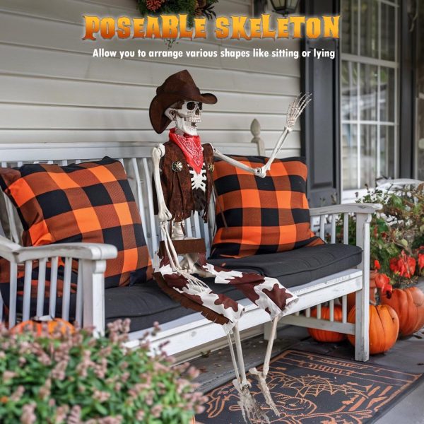 5.4ft Skeleton with Cowboy Costumes Halloween Props