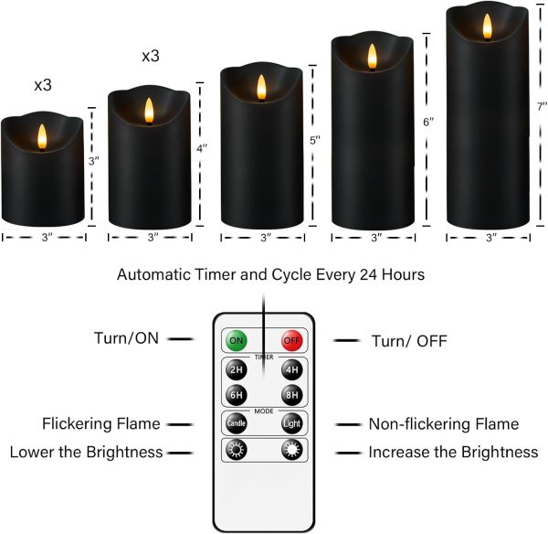 Nimiko Flameless Candles With Remote, Battery Operated Flickering Flameless Candles, Led Candles With Timer 2/4/6/8H, With Realistic Led Candles Set Of 9 (D3 X H 3 4 5 6 7) (Black)