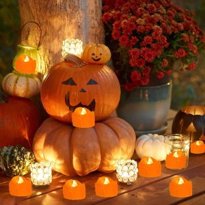 Halloween 12 Pack Orange Tea Lights, Small Dripping Candles, Battery Operated Led Tealights, Mini Pumpkins Lights With Warm White Bulb, Flameless, Electric Tea Candles Realistic For Halloween