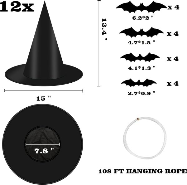 12 Pcs Black Witch Hat With Hanging Rope, 16 Pcs 3D Bats Stickers For Halloween Indoor Outdoor Yard Decor Party Decorations, Wizard Costume For Women Girls Kids