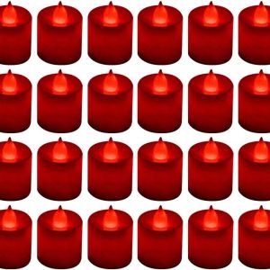 Lanker 24 Pack Flameless Led Tea Lights Candles - Flickering Red Battery Operated Electronic Candles U2013 Decorations For Wedding, Party, Christmas, Halloween (Red)