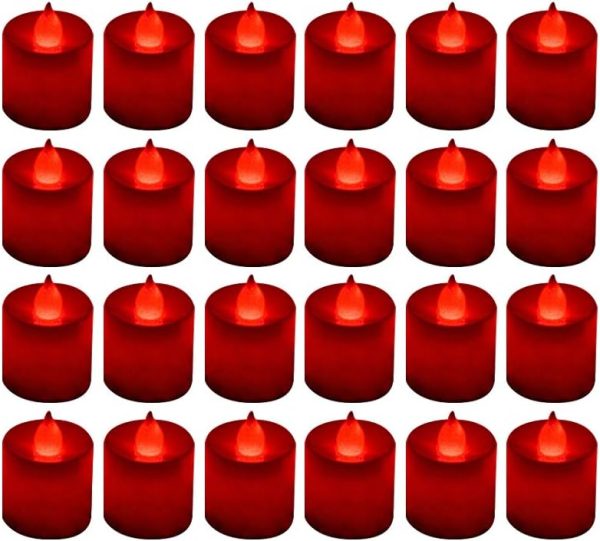 Lanker 24 Pack Flameless Led Tea Lights Candles - Flickering Red Battery Operated Electronic Candles U2013 Decorations For Wedding, Party, Christmas, Halloween (Red)