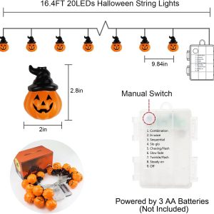 Halloween Pumpkin String Lights With Witch Hat, 20 Led 16.4Ft 8 Modes Timer 3D Waterproof Orange Jack-O-Lantern Battery Operated Flickering Lights For Indoor Outdoor Decor Party Decorations