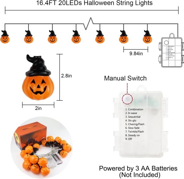 Halloween Pumpkin String Lights With Witch Hat, 20 Led 16.4Ft 8 Modes Timer 3D Waterproof Orange Jack-O-Lantern Battery Operated Flickering Lights For Indoor Outdoor Decor Party Decorations