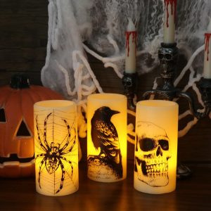 Eldnacele Halloween Flickering Candles With Skull, Spider Web, Crow Raven Decals Set Of 3, Battery Operated Halloween Themed Led Candles Horror Spooky Decoration