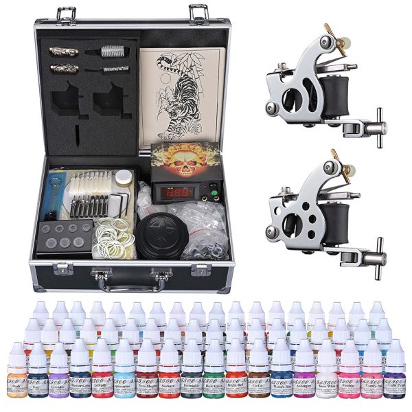 Tattoo Kit 2 Machines Lcd Power Supply 54 Color Inks W/ Case