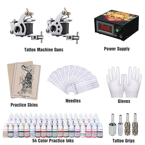 Tattoo Kit 2 Machines Lcd Power Supply 54 Color Inks W/ Case