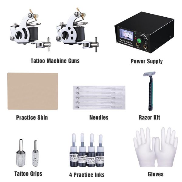 2 Tattoo Machines Tattoo Kit W/ Power Supply 4 Inks