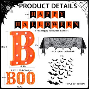 Halloween Decorations Indoor, Boo Halloween Decor Set, Halloween Party Decorations With Light Up Letters “Boo”, Happy Halloween Banner, Bats Decor And Spider Web Mantel Scarf For Home Tabletop