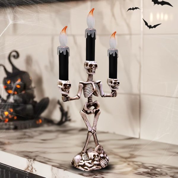 Turnmeon 2 Pack Halloween Candelabra With Led Flameless Candles Holder Battery Operated Flickering Lights Skull Candles For Halloween Decorations Indoor Home Table Party Haunted Mansion Decor (Black)