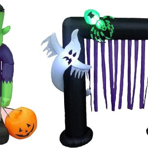 Two Halloween Party Decorations Bundle, Includes 8 Foot Tall Inflatable Frankenstein Monster, And 8 Foot Tall Inflatable Ghosts Spider Archway Arch Outdoor Indoor Blowup With Led Lights