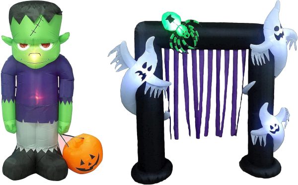 Two Halloween Party Decorations Bundle, Includes 8 Foot Tall Inflatable Frankenstein Monster, And 8 Foot Tall Inflatable Ghosts Spider Archway Arch Outdoor Indoor Blowup With Led Lights