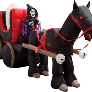 Two Halloween Party Decorations Bundle, Includes 13 Foot Tall Jumbo Huge Inflatable Black Cat Archway, And 12 Foot Long Inflatable Horse Carriage With Skeleton Ghost Skull Blowup With Lights