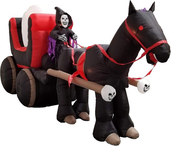 Two Halloween Party Decorations Bundle, Includes 13 Foot Tall Jumbo Huge Inflatable Black Cat Archway, And 12 Foot Long Inflatable Horse Carriage With Skeleton Ghost Skull Blowup With Lights