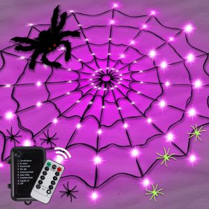 Halloween Lights, Orange Purple Halloween Spider Web Lights Decoration 4 Ft Diameter+80 Led+1 Big Black Spider+10 Small Spiders+8 Lighting Modes, Outdoor Indoor Battery Operated Halloween Lights