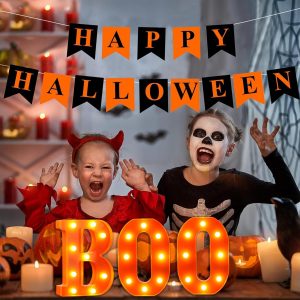 Halloween Decorations Indoor, Boo Halloween Decor Set, Halloween Party Decorations With Light Up Letters “Boo”, Happy Halloween Banner, Bats Decor And Spider Web Mantel Scarf For Home Tabletop