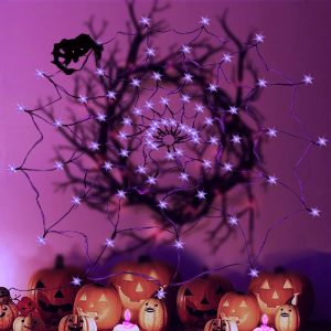 70 Led-5Ft Diameter Halloween Decorations Outdoor Spider Web Halloween Lights With Black Spider, 8Mods,Remote Control,Halloween Decoratives Outdoor And Indoor, Patio, Garden, Party