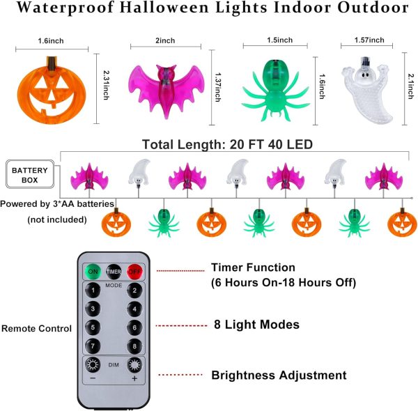 Halloween Lights Outdoor Indoor 20Ft 40 Led Halloween String Lights Battery Operated Pumpkin Bat Spider Ghost Decor Lights With Timer, 8 Modes Waterproof Halloween Decorations Light Home Window Party