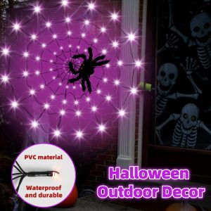 Halloween Lights, Orange Purple Halloween Spider Web Lights Decoration 4 Ft Diameter+80 Led+1 Big Black Spider+10 Small Spiders+8 Lighting Modes, Outdoor Indoor Battery Operated Halloween Lights