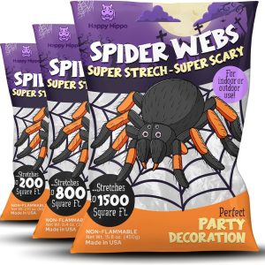 Happy Hippo Halloween Spider Web Decoration, Plastic Spiders, Party Supplies, Spider Webs (Small, 200 Sq Feet)