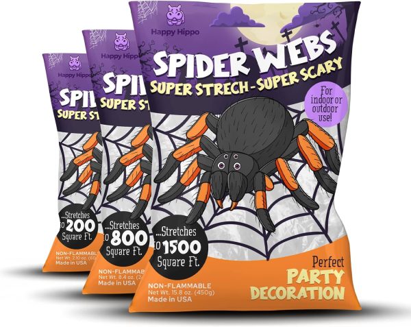 Happy Hippo Halloween Spider Web Decoration, Plastic Spiders, Party Supplies, Spider Webs (Small, 200 Sq Feet)