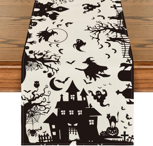 Artoid Mode Black White Spooky Haunted House Tree Ghost Witch Halloween Table Runner, Fall Kitchen Dining Table Decoration For Home Party Decor 13X72 Inch