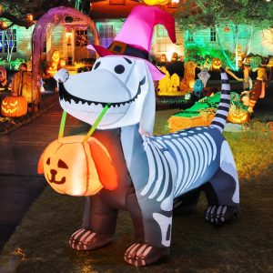 Goosh 5Ft Halloween Inflatables Outdoor Decorations Skeleton Puppy Inflatable Yard Decoration With Build-In Leds Blow Up Pumpkin For Halloween Party Indoor Outdoor Yard Garden