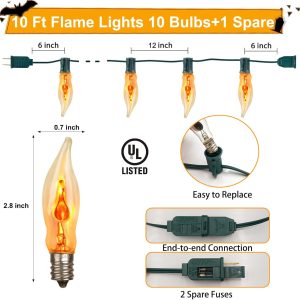 Halloween Flickering Flame String Lights 10Ft C18 Flickering Flame Lights Flame String Lights Flickering Lights 1Watt E12 Base 120V For Indoor Outdoor Yard Party Halloween Decoration Green Wire