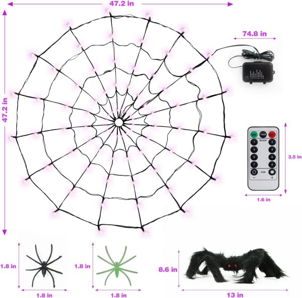 Halloween Lights, Orange Purple Halloween Spider Web Lights Decoration 4 Ft Diameter+80 Led+1 Big Black Spider+10 Small Spiders+8 Lighting Modes, Outdoor Indoor Battery Operated Halloween Lights