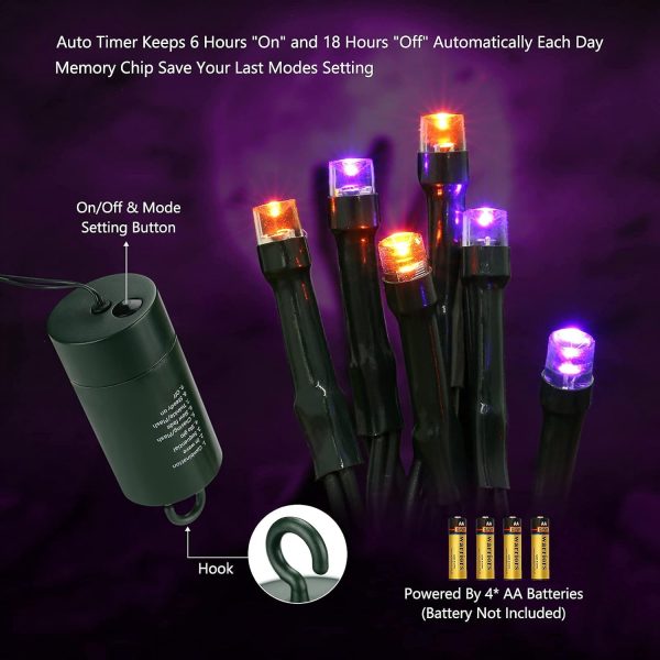 Joomer Orange Purple Halloween Lights, 66Ft 200 Led Battery Operated String Lights Waterproof Halloween Battery Lights With 8 Modes & Timer Function For Halloween Decorations